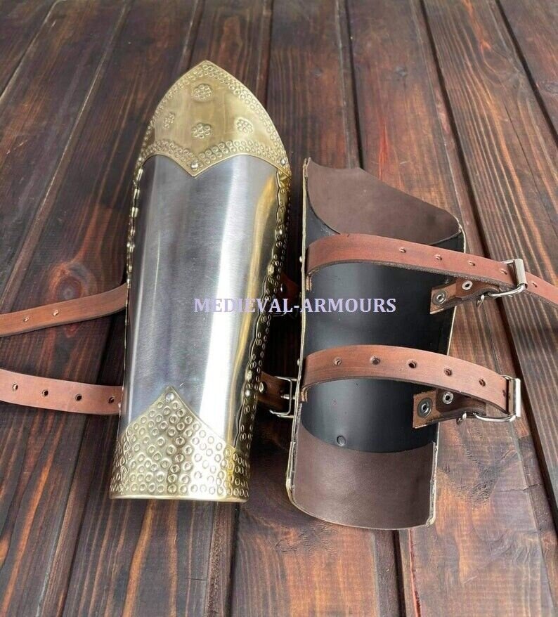 Medieval Bracers Pair Of Arm Armor Set Knight SCA LARP Hand Protection Armor Full Stainless Steel And Brass - Retro Handicrafts