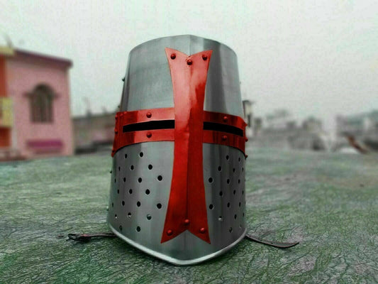 Medieval Brass Templar Crusader Helmet SCA LARP Great Helmet Knight Halloween - Retro Handicrafts