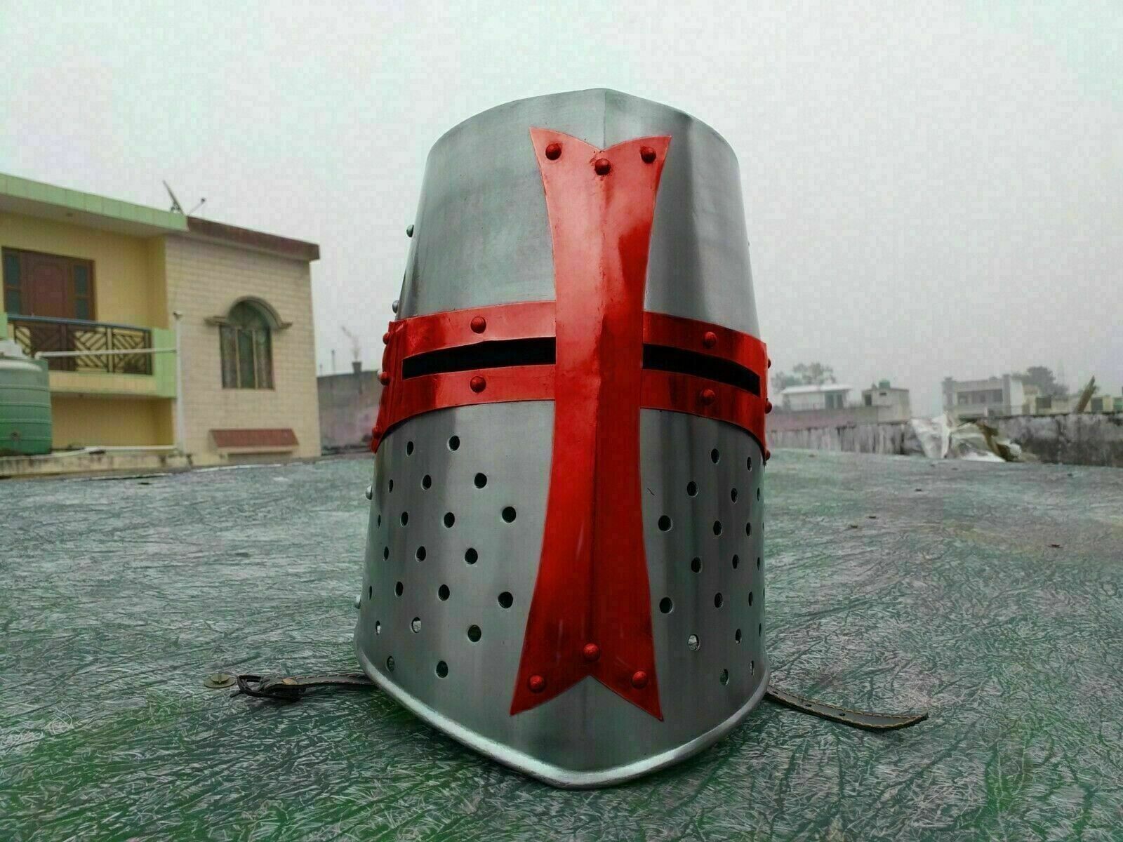 Medieval Brass Templar Crusader Helmet SCA LARP Great Helmet Knight Halloween - Retro Handicrafts