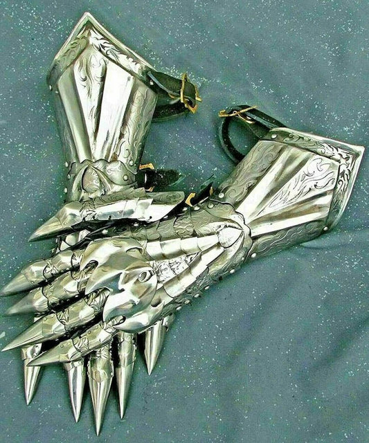 Medieval Gauntlet Gloves Pair Brass Accents Knight Crusader Armor Steel Gift - Retro Handicrafts