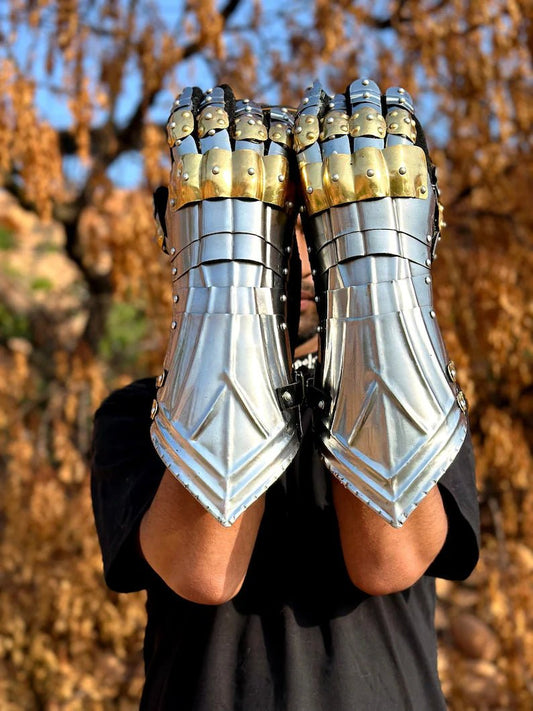 Medieval gloves set | Medieval steel & brass gauntlet gloves | Fully functional cosplay gloves | Halloween costume arms | Best gift - Retro Handicrafts