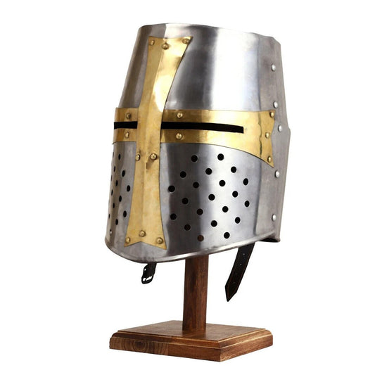 Medieval Helmet Wooden Stand Crusader Templar Knight LARP Helmet Cosplay Armor - Retro Handicrafts