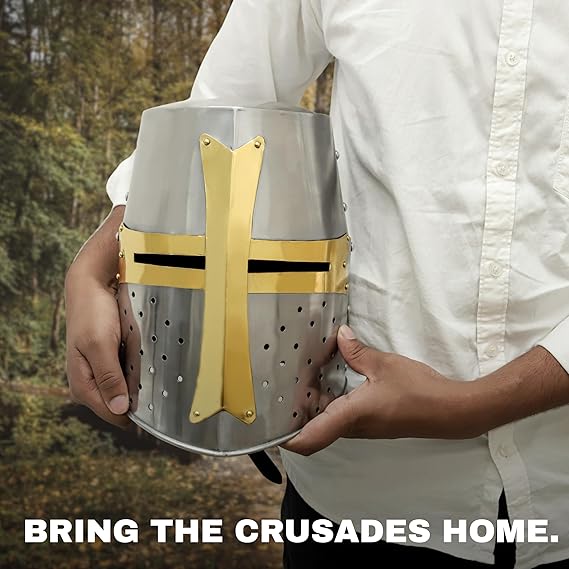 Medieval knight helmet replica featuring polished steel, brass cross detail, and authentic crusader armor styling.