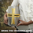 Medieval knight helmet replica featuring polished steel, brass cross detail, and authentic crusader armor styling.
