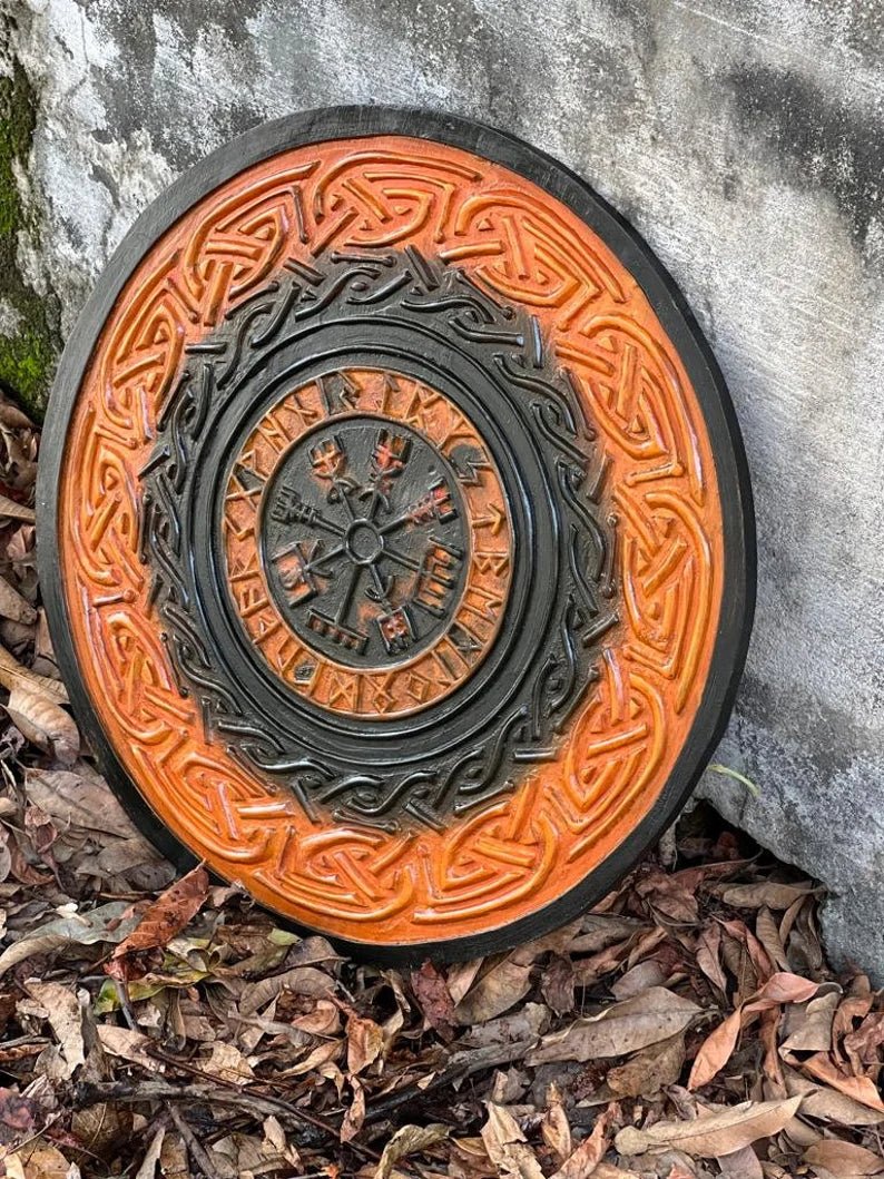 Medieval Knight Wooden Shield with Viking Carved Design – 24 Inch Battle Armor