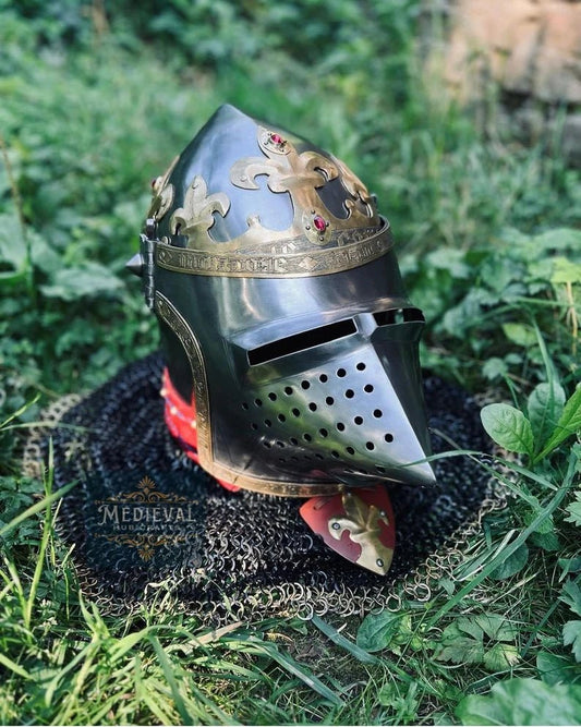 Medieval Royal Bacinet Crown Helmet,Medieval Bacinet Visor Helmet,With Chainmail - Retro Handicrafts