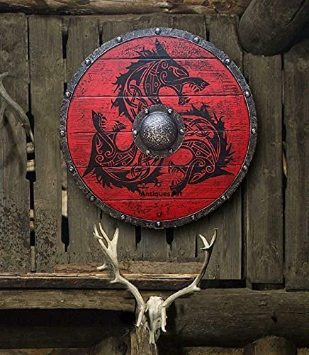 Medieval Vikings Era Adult Size 24" Shield Handmade Natural Wood & Iron Battle Play Warrior Cosplay Dark Red - Retro Handicrafts