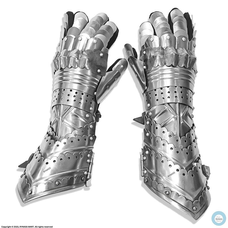 Medieval Warrior Steel Gothic Knight Style Warrior Functional Gloves & Gauntlets | Brass Accent - Retro Handicrafts