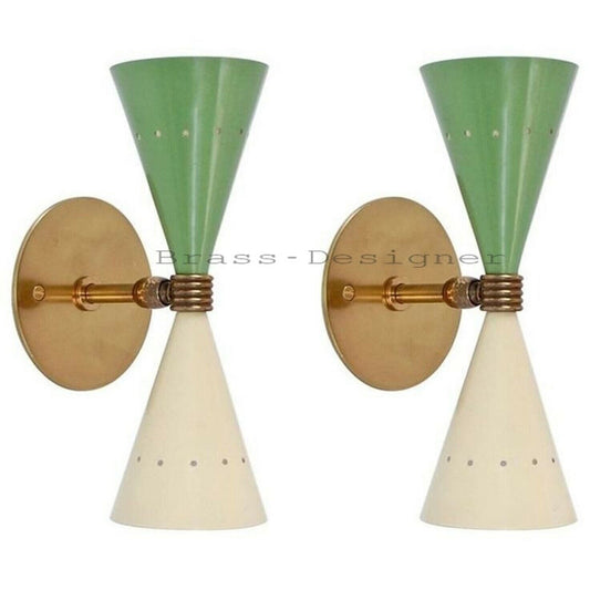 Mid Century Brass Vintage Green Wall lamp Diabolo Italian Cone Stilnovo Sputnik - Retro Handicrafts