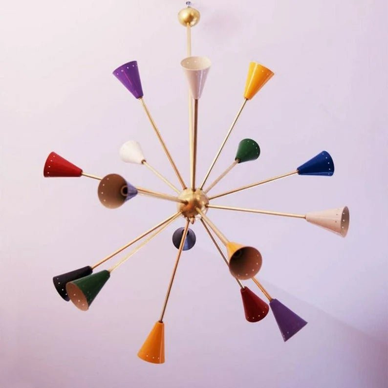 Mid Century Multicolored Sputnik Brass Chandelier Stilnovo Lights 16 Arms - Retro Handicrafts