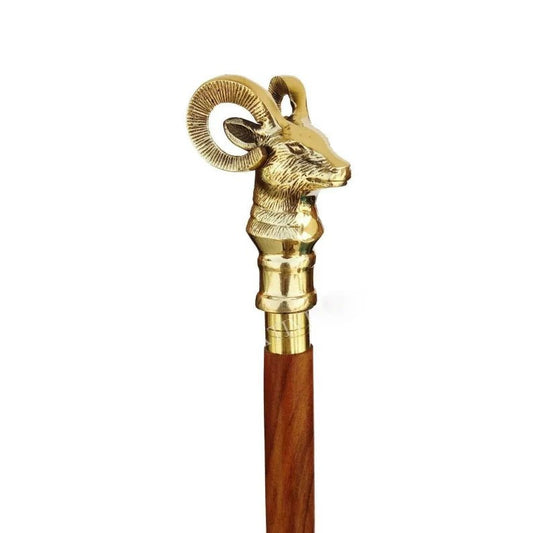 Mountain Goat Brass Handle Brown Wooden Walking Stick - Retro Handicrafts