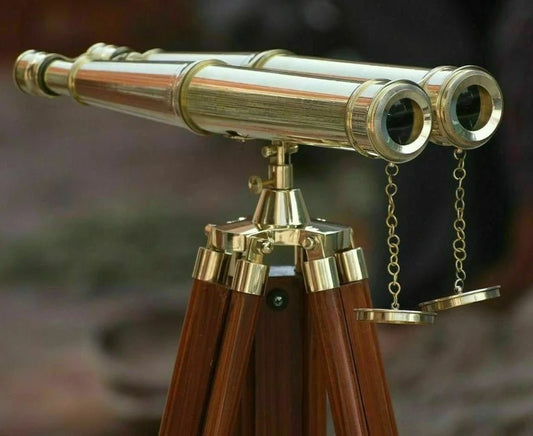 Nautical brass 18" binocular leather antique telescope with floor tripod stand - Retro Handicrafts