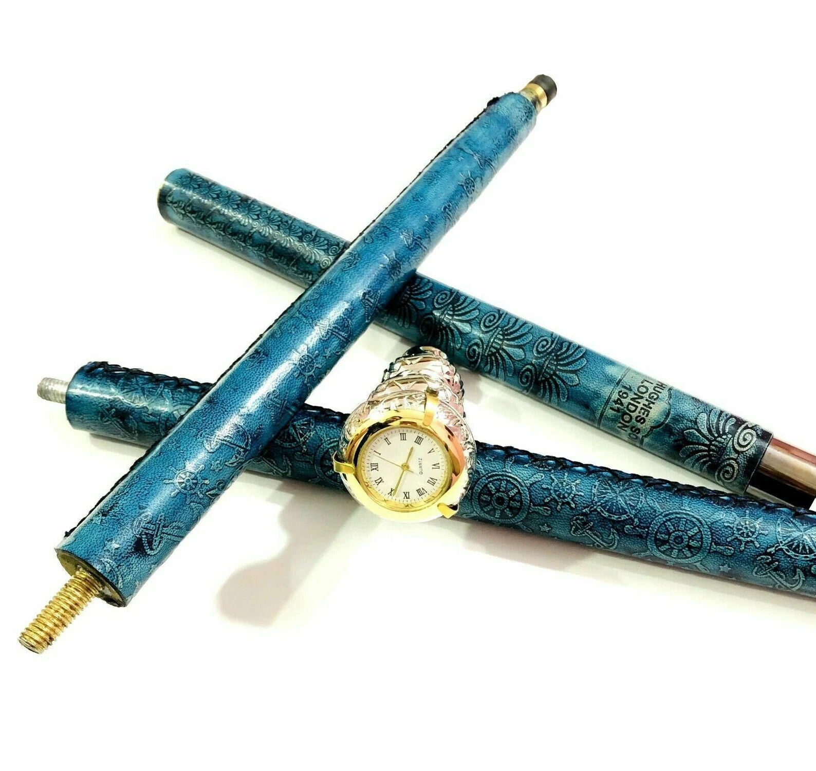 Nautical brass chrome designer handle leather engraved walking stick with clock, made of Indian rosewood