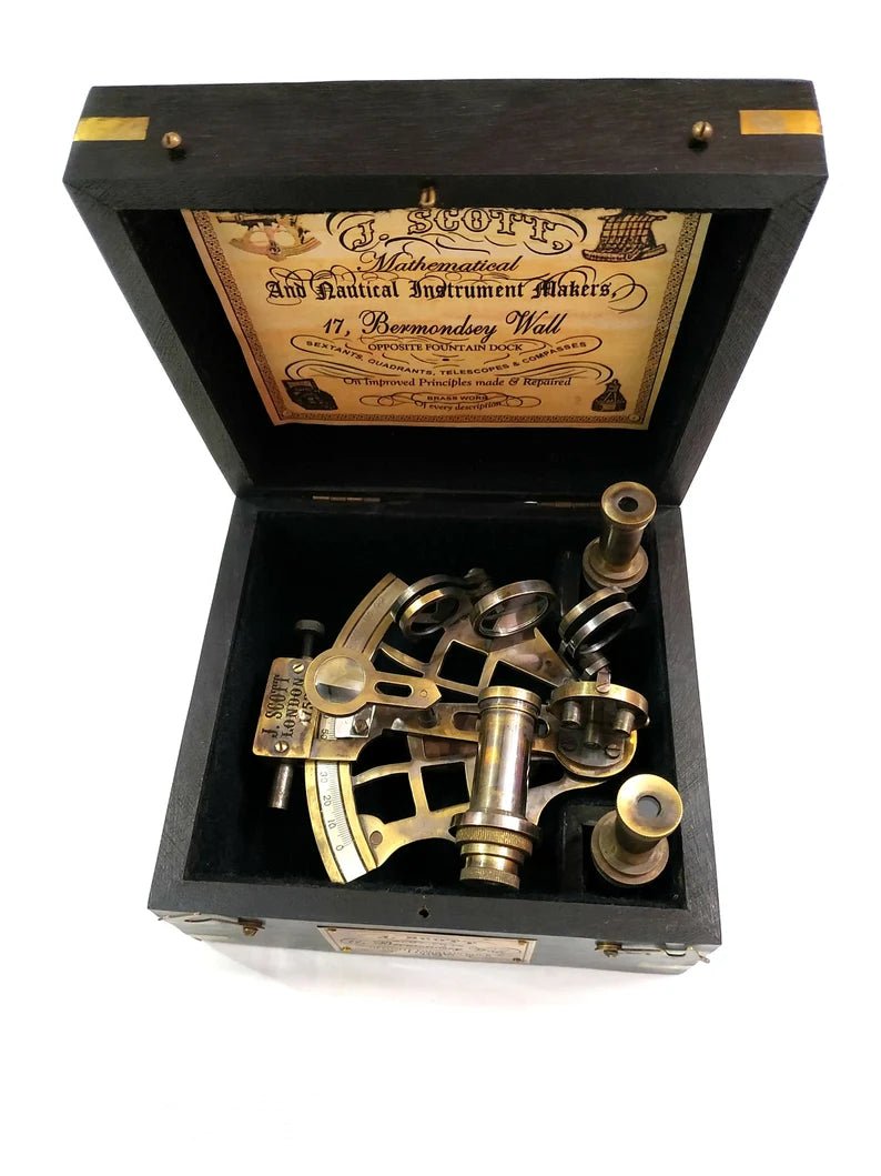 Nautical Brass J. Scott Ship Working Sextant in Wooden Box with Two Extra Telescope - Retro Handicrafts