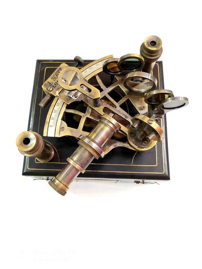 Nautical Brass J. Scott Ship Working Sextant in Wooden Box with Two Extra Telescope - Retro Handicrafts