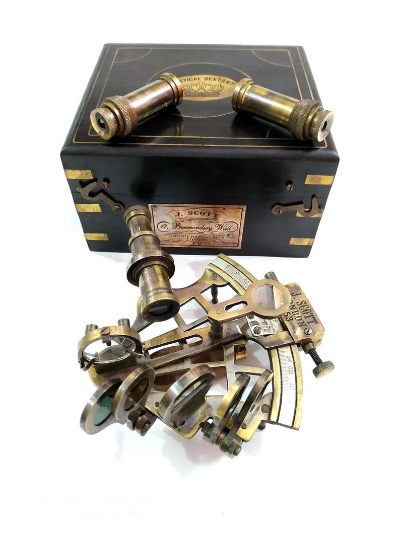 Nautical Brass J. Scott Ship Working Sextant in Wooden Box with Two Extra Telescope - Retro Handicrafts