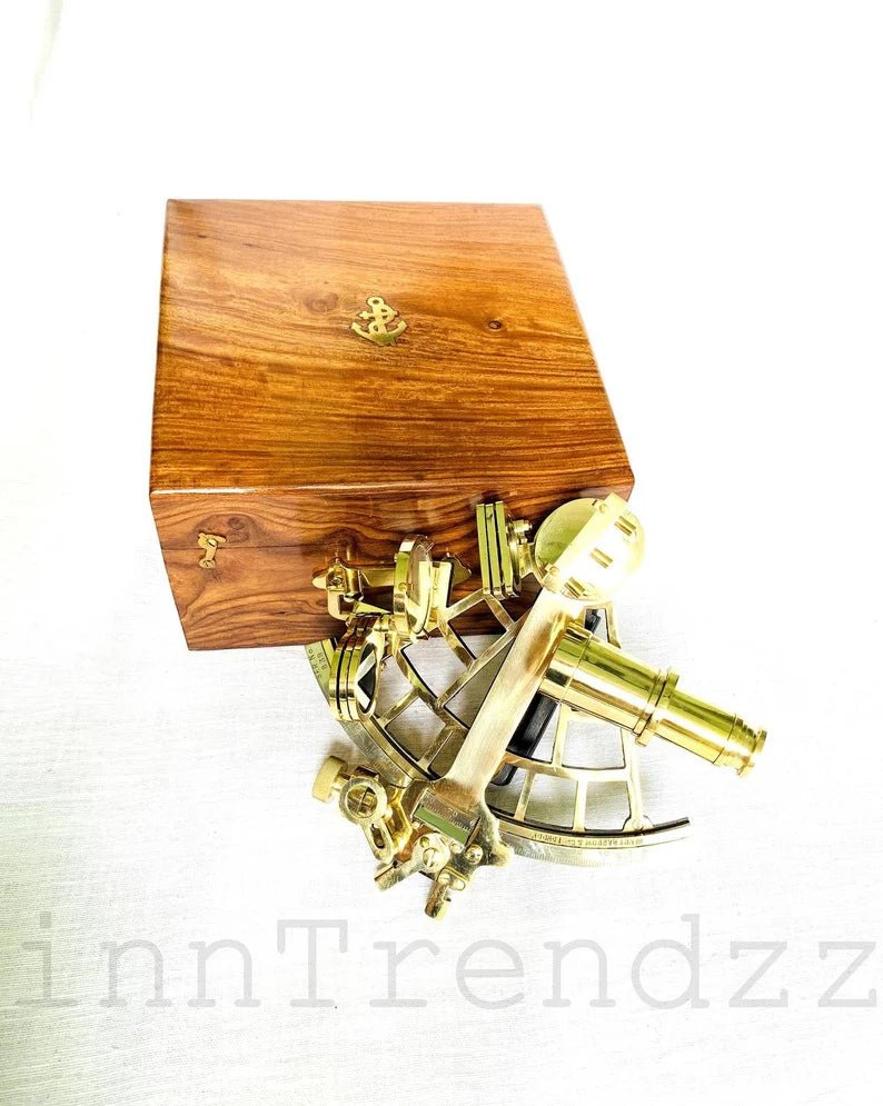 Nautical brass marine vintage style 9" ship sextant astrolabe instruments with wooden box - Retro Handicrafts