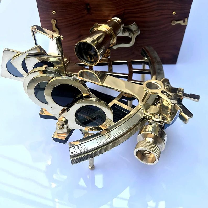 Nautical Brass Sextant Instrument with Wooden Box Marine Working Sextant 9" Fully Navigation Ship Astrolabe Sextant - Retro Handicrafts