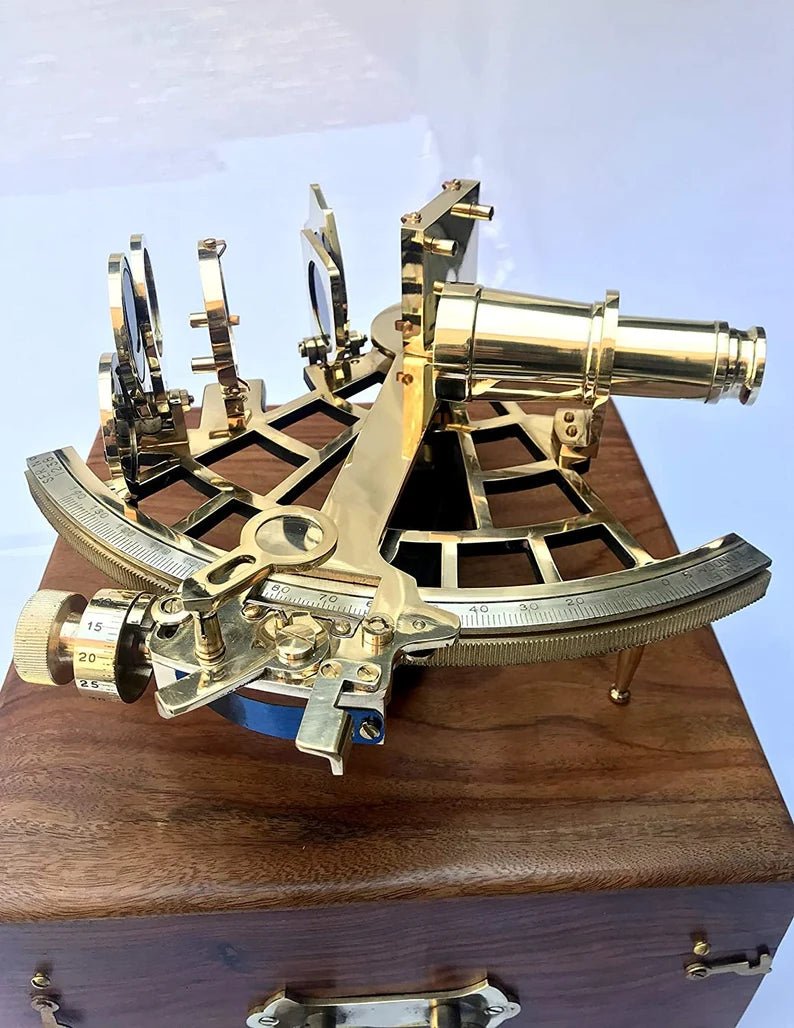 Nautical Brass Sextant Instrument with Wooden Box Marine Working Sextant 9" Fully Navigation Ship Astrolabe Sextant - Retro Handicrafts