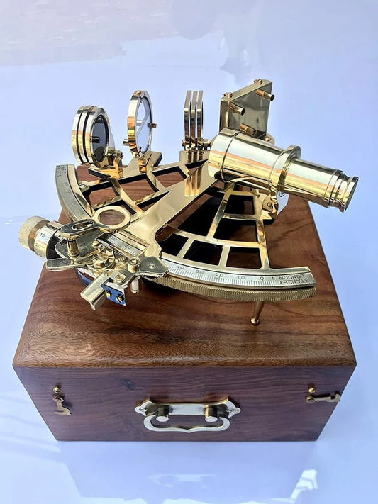 Nautical Brass Sextant Instrument with Wooden Box Marine Working Sextant 9" Fully Navigation Ship Astrolabe Sextant - Retro Handicrafts