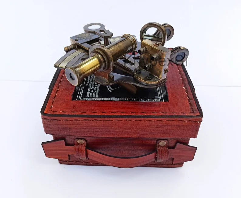 Nautical Brass Working Sextant, Antique Maritime Navigational Instrument With Leather Case, Astrolabe Ships Instrument, Navigational Sextant - Retro Handicrafts