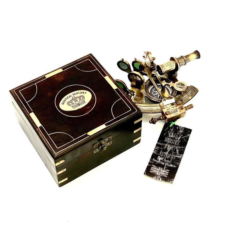 Nautical Compass Sextant J. Scott London - Brass Astrolabe Ship's Instruments with box - Retro Handicrafts
