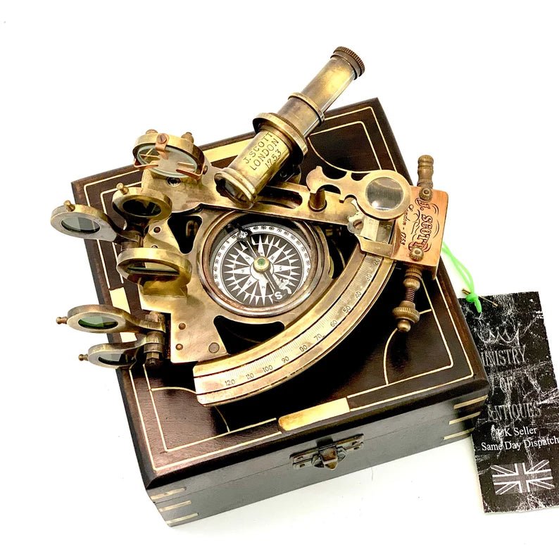 Nautical Compass Sextant J. Scott London - Brass Astrolabe Ship's Instruments with box - Retro Handicrafts