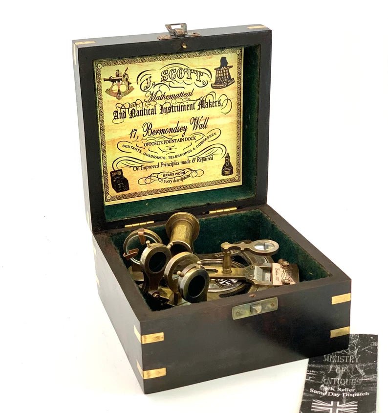 Nautical Compass Sextant J. Scott London - Brass Astrolabe Ship's Instruments with box - Retro Handicrafts
