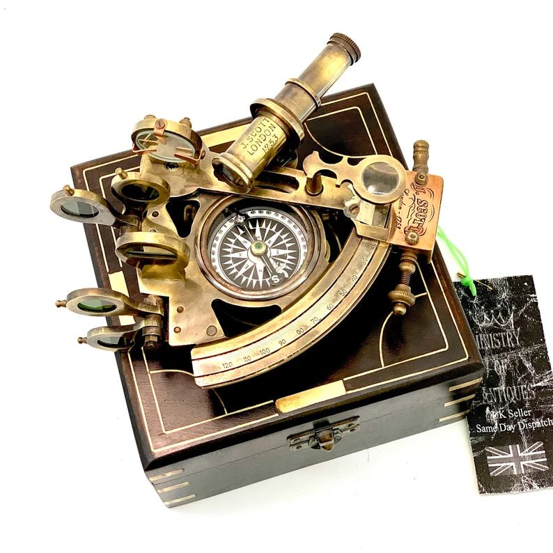 Nautical Compass Sextant J. Scott London - Brass Astrolabe Ship's Instruments with box - Retro Handicrafts