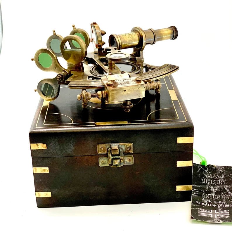 Nautical Compass Sextant J. Scott London - Brass Astrolabe Ship's Instruments with box - Retro Handicrafts