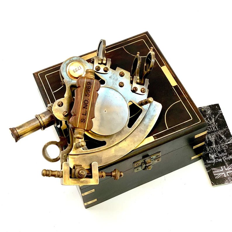 Nautical Compass Sextant J. Scott London - Brass Astrolabe Ship's Instruments with box - Retro Handicrafts