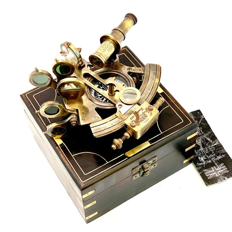 Nautical Compass Sextant J. Scott London - Brass Astrolabe Ship's Instruments with box - Retro Handicrafts