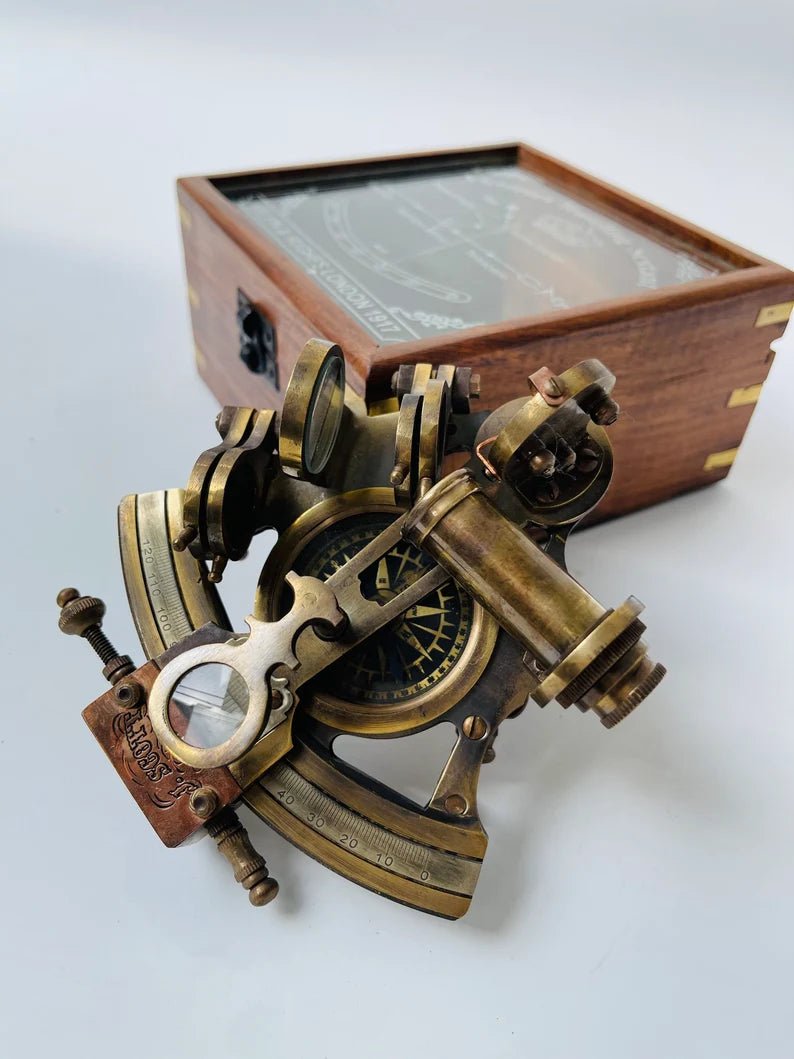 Nautical Hand - made Brass Sextant With Inbuilt Compass In Wooden box - Marine Astrolabe Model Sextant - Retro Handicrafts
