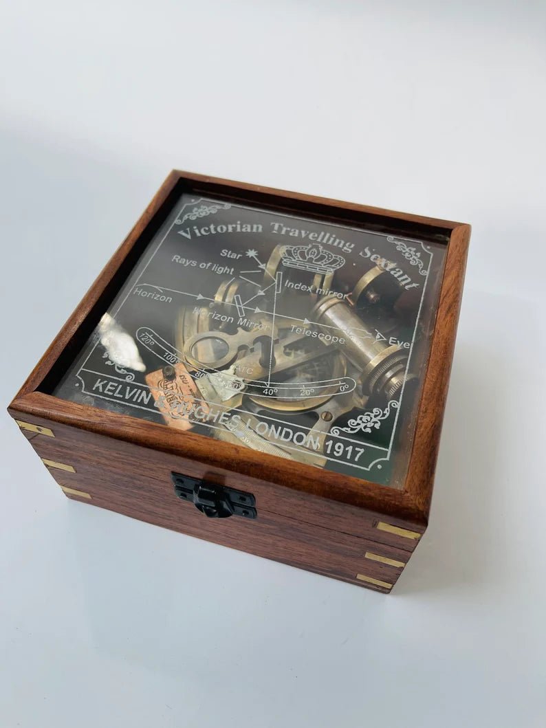 Nautical Hand - made Brass Sextant With Inbuilt Compass In Wooden box - Marine Astrolabe Model Sextant - Retro Handicrafts