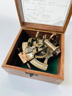 Nautical Hand - made Brass Sextant With Inbuilt Compass In Wooden box - Marine Astrolabe Model Sextant - Retro Handicrafts