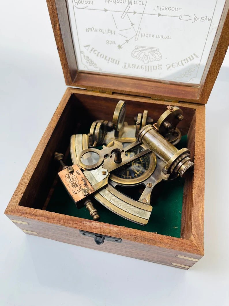 Nautical Hand - made Brass Sextant With Inbuilt Compass In Wooden box - Marine Astrolabe Model Sextant - Retro Handicrafts