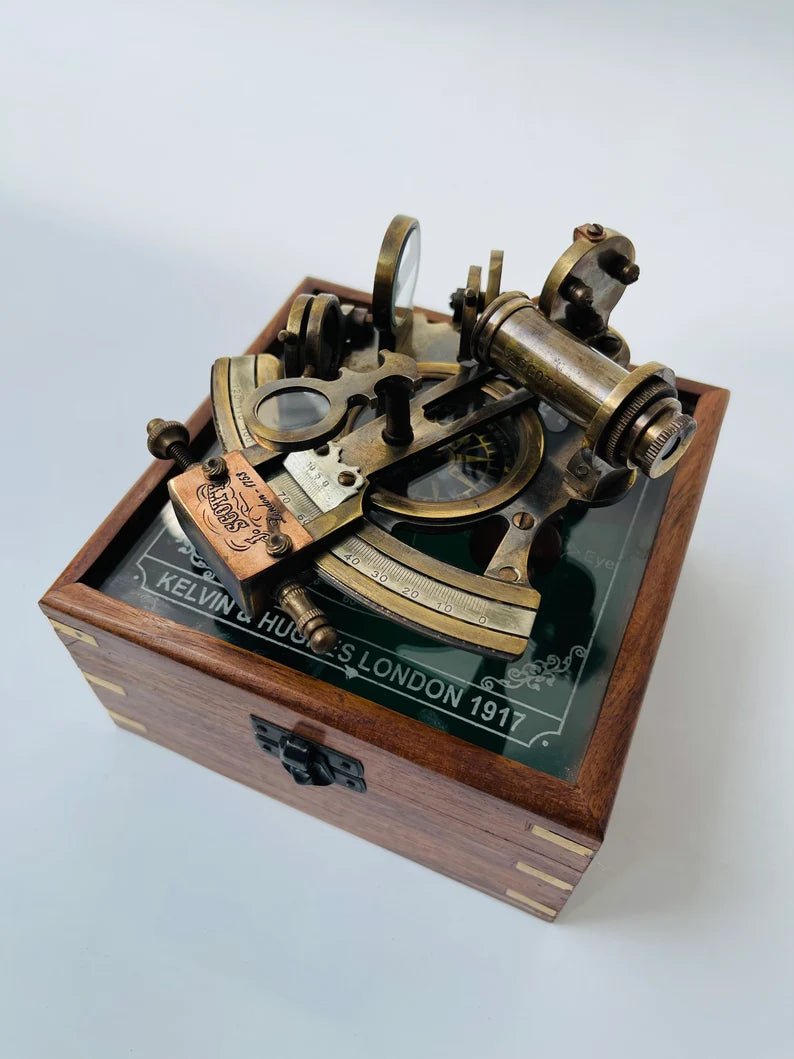 Nautical Hand - made Brass Sextant With Inbuilt Compass In Wooden box - Marine Astrolabe Model Sextant - Retro Handicrafts