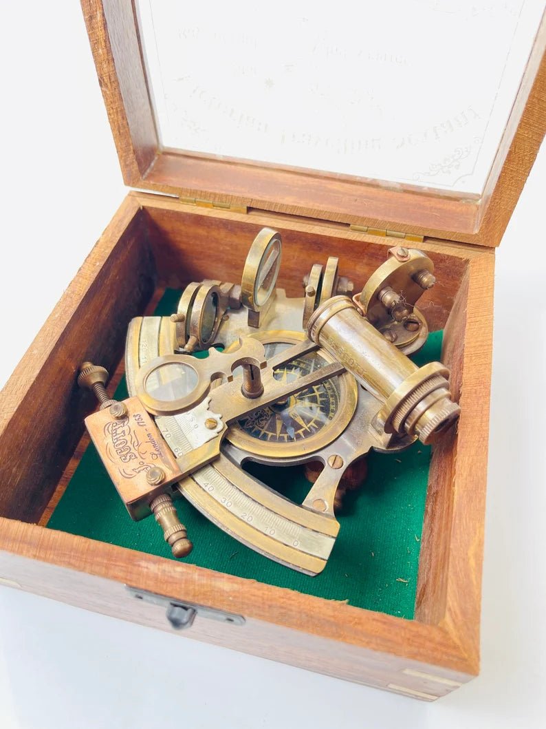 Nautical Hand - made Brass Sextant With Inbuilt Compass In Wooden box - Marine Astrolabe Model Sextant - Retro Handicrafts