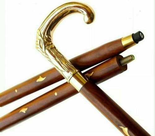 Nautical Handmade Brass Designer Victorian Handle Black Wooden Walking Stick with vintage royal brass handle and polished wooden shaft.