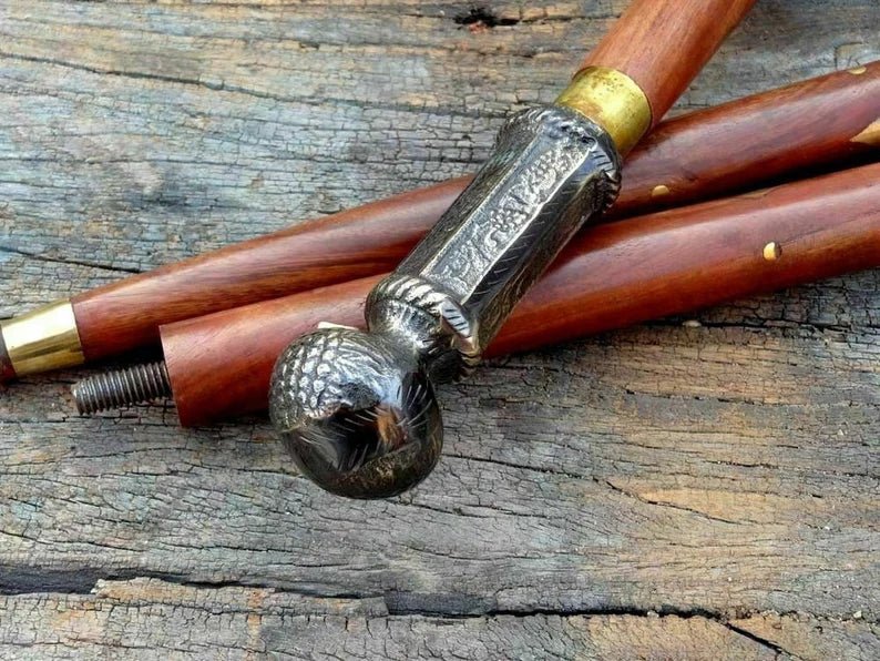 Nautical pillar handle wooden cane walking stick with shiny brass finish, perfect gift for nautical enthusiasts.