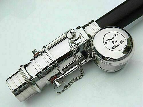 Nautical Walking Stick with Vintage Chrome Telescope Handle and Wooden Black Cane
