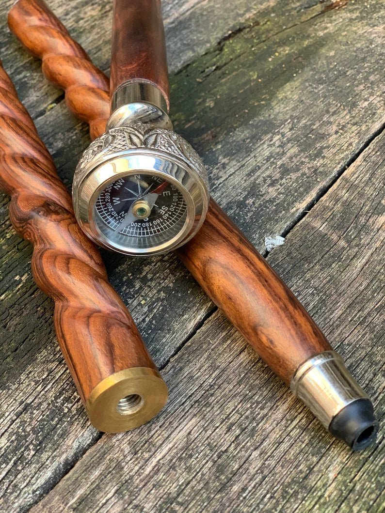 Nickel finish compass handle walking cane, elegant Royal Engineers style with hardwood shaft.