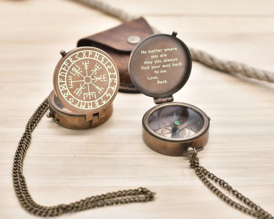 Nordic Compass, Viking Vegvisir Engraved Compass, Norse Mythology Compass, Working Compass, Anniversary Gift, Gift for Him, Groomsmen Gift - Retro Handicrafts