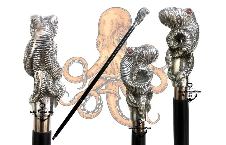 Front view of the OCTOPUS Wooden Cane Victorian Style Walking Stick showcasing its elegant handle and wooden shaft.
