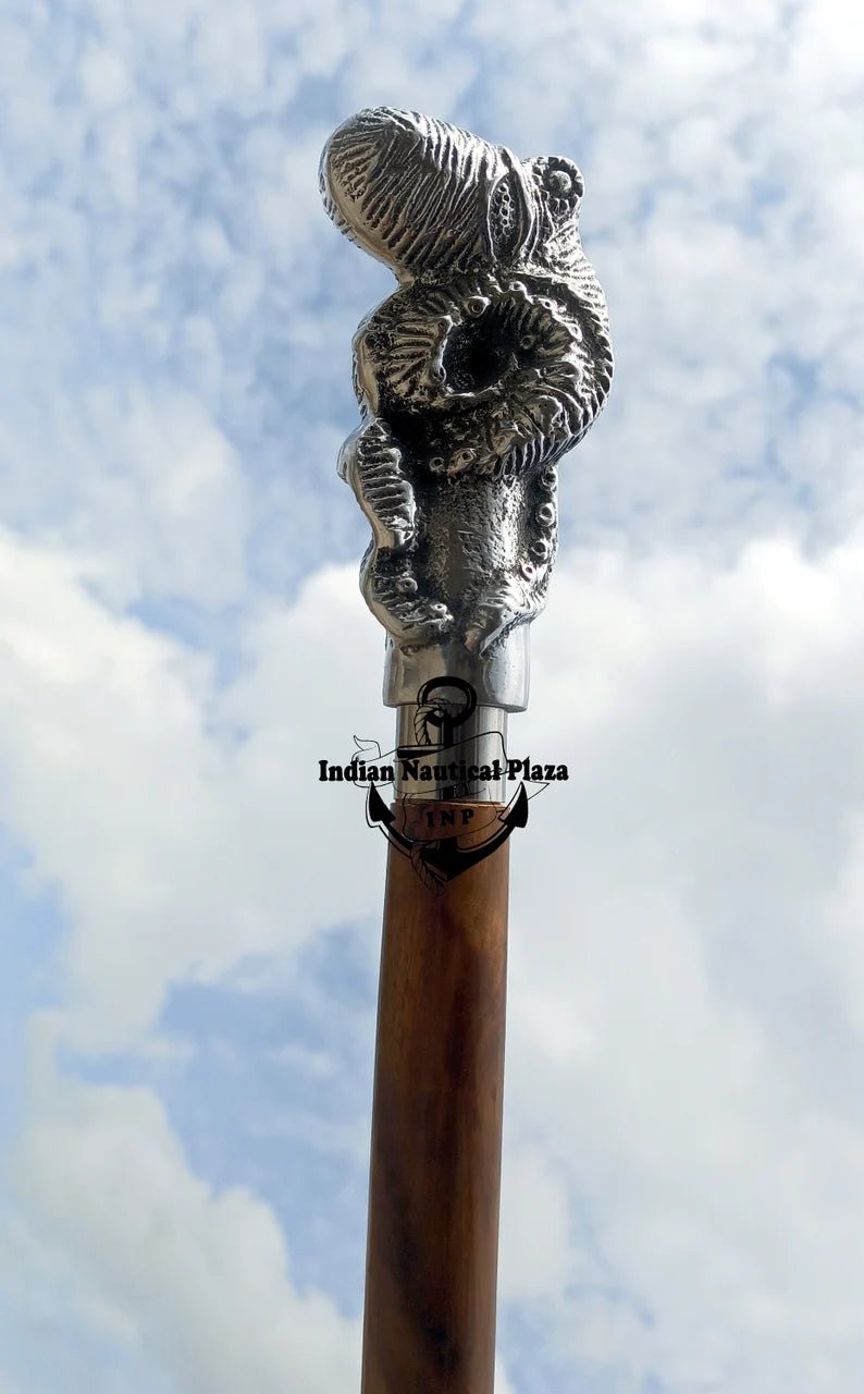 Detail shot of the antique manually dyed finish on the OCTOPUS Wooden Cane Victorian Style Walking Stick, showcasing the unique color variations.