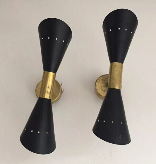 Pair of Stilnovo Style Diabolo Model Brass Black Italian Sconces Wall Light Lamp - Retro Handicrafts