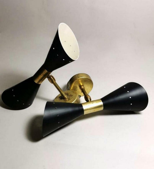 Pair of Stilnovo Style Diabolo Model Brass Italian Sconces Wall Light Lamp Black - Retro Handicrafts