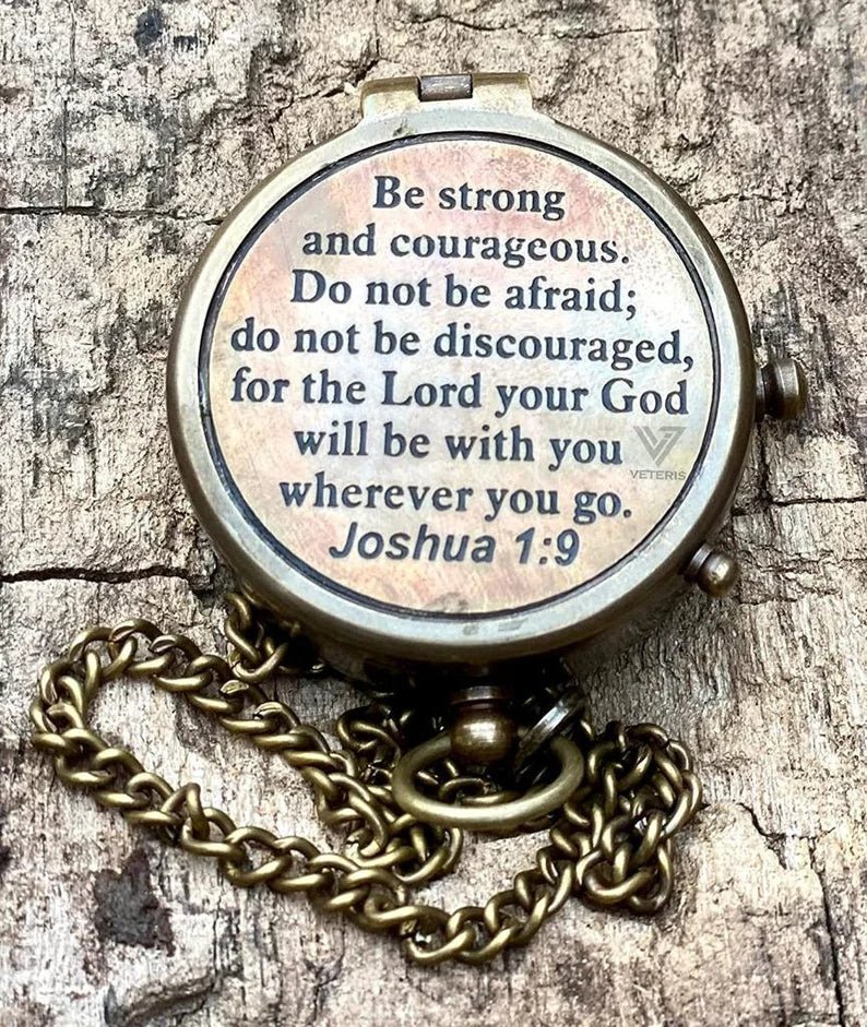 Personalized BE STRONG & Courageous Brass Compass with leather case, a meaningful gift for godparents, families, and religious milestones