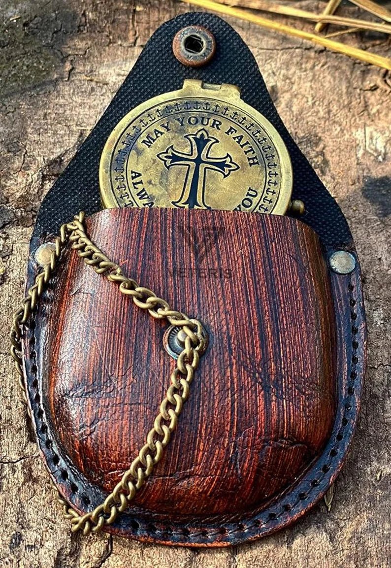 Handcrafted personalized compass with leather case, perfect for religious occasions like confirmation.