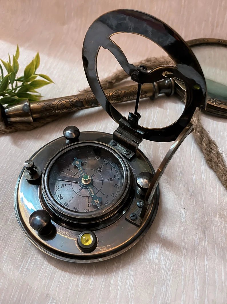 Custom engraved sundial compass, perfect for personalizing with names, dates, or meaningful messages for loved ones.